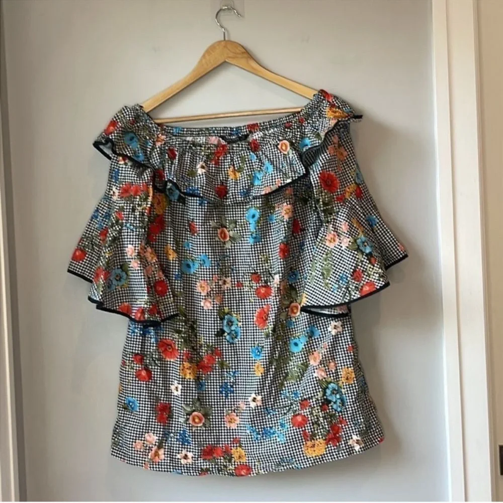 Zara Gingham Off The Shoulder Tunic Floral Ruffle Mini Dress - Picture 2 of 8